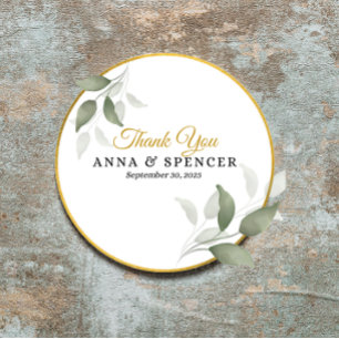 Elegant Leaves and Circle Gold Thank You Wedding Classic Round Sticker