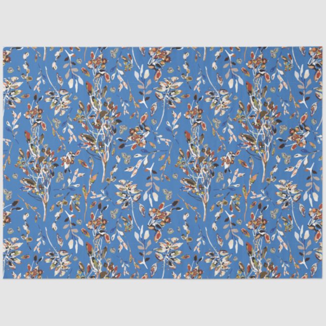  Elegant Leaves Berries Blue Watercolor Floral Tissue Paper (Front)