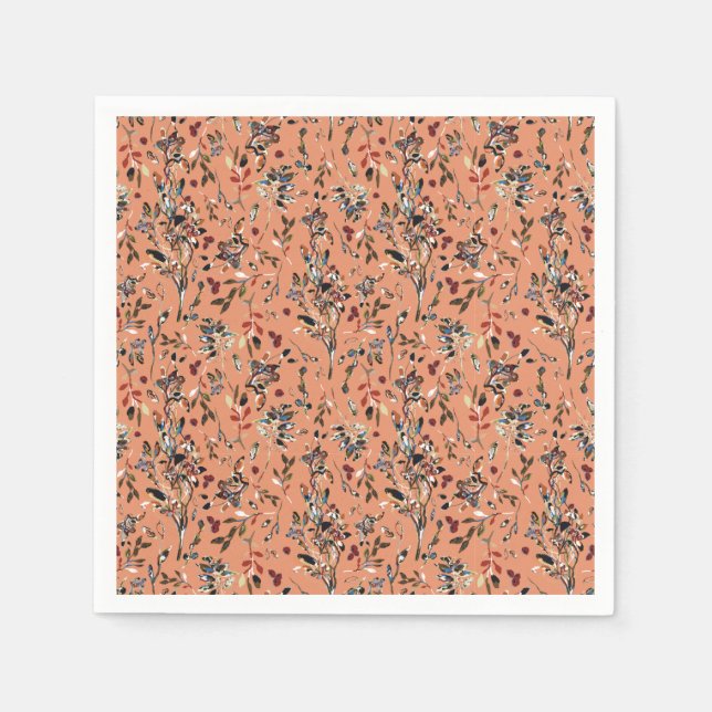 Elegant Leaves Berries Orange Floral Pattern Napkin (Front)