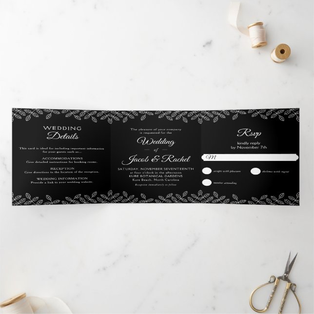 Elegant Leaves Black & White Wedding Tri-Fold Invi (Inside)