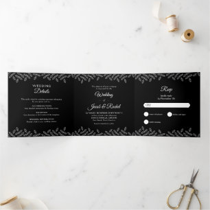 Elegant Leaves Black & White Wedding Tri-Fold Invi Invitation