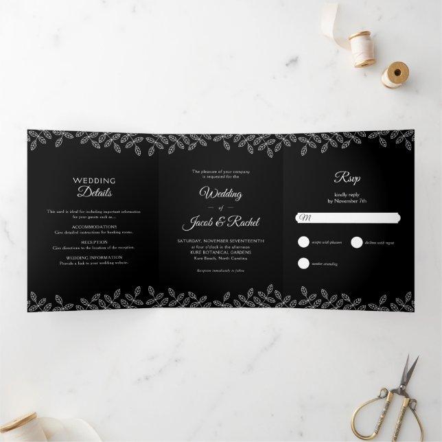 Elegant Leaves Black & White Wedding Tri-Fold Invitation (Inside)