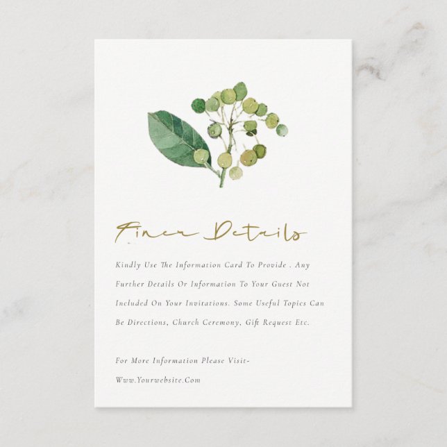 Elegant Leaves Foliage Greenery Wedding Detail Enclosure Card (Front)