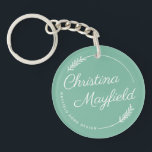 Elegant Leaves Green Personalised Name Business Key Ring<br><div class="desc">Stylish custom round sticker design for a small business owner features your first and last name in modern calligraphy script framed by a round wreath with rustic chic laurel leaves. Personalise the curved text with a business name or other preferred wording. Jade green and white colours can be modified.</div>