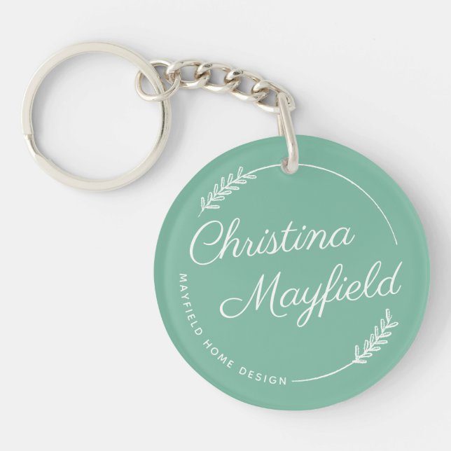 Elegant Leaves Green Personalised Name Business Key Ring (Front)