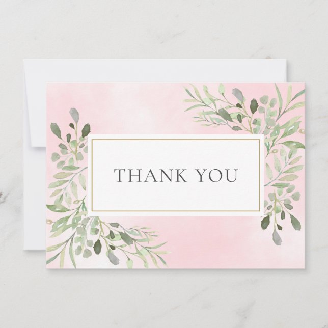 Elegant Leaves Greenery Pink Watercolor Thank You Card (Front)