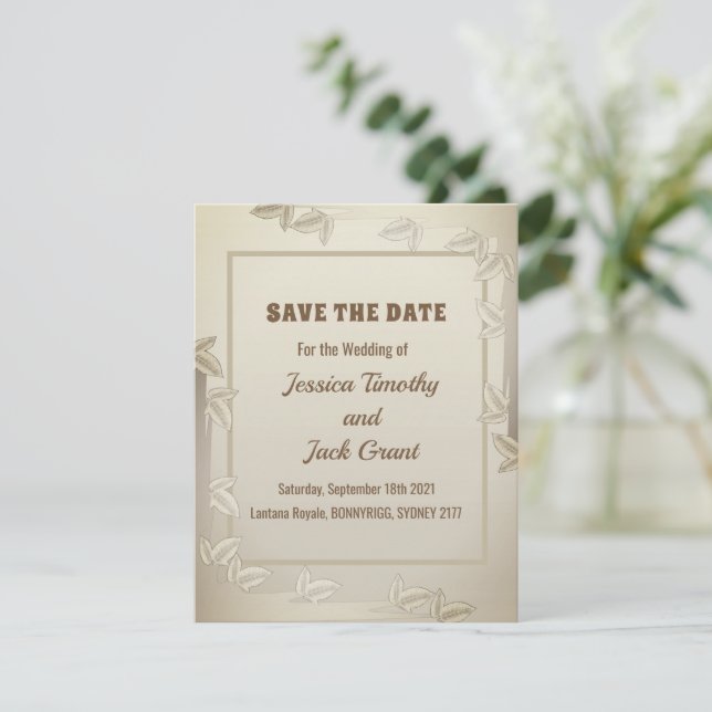 Elegant Leaves in Gold Wedding Save The Date Card (Standing Front)
