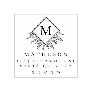 Elegant Leaves & Monogram Family Return Address Rubber Stamp