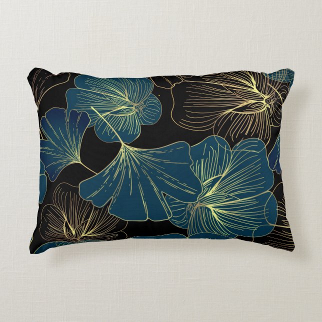 Elegant Leaves of Blue With Gold Lines Botanical Decorative Cushion (Front)