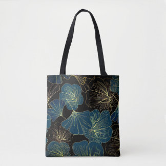 Elegant Leaves of Blue With Gold Lines Botanical Tote Bag