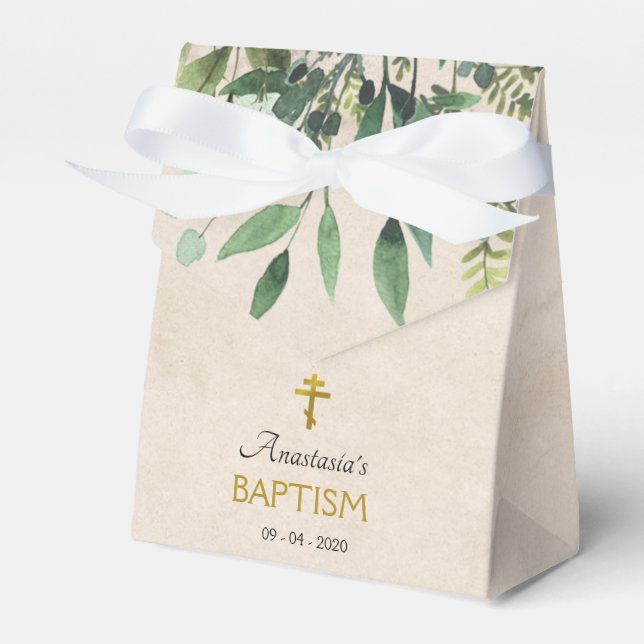 Elegant Leaves Orthodox Christian Baptism Favour Box (Front Side)