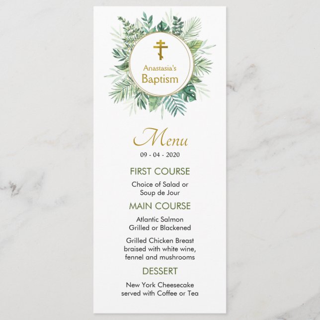 Elegant Leaves Orthodox Christian Baptism Menu (Front)