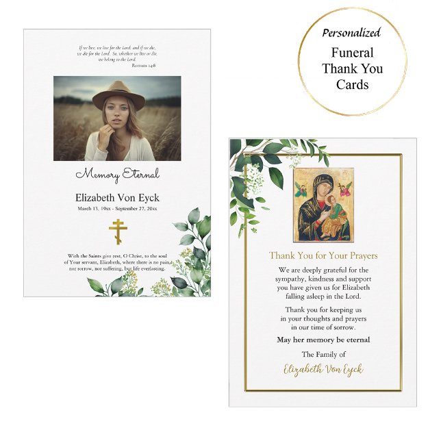 Elegant Leaves Orthodox Christian Photo Memorial Thank You Card (Creator Uploaded)