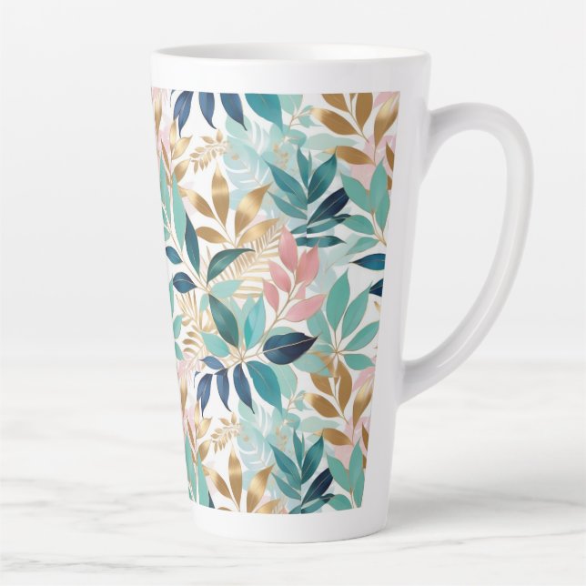 Elegant Leaves Pattern Aqua Pink Faux Gold Pretty Latte Mug (Right)