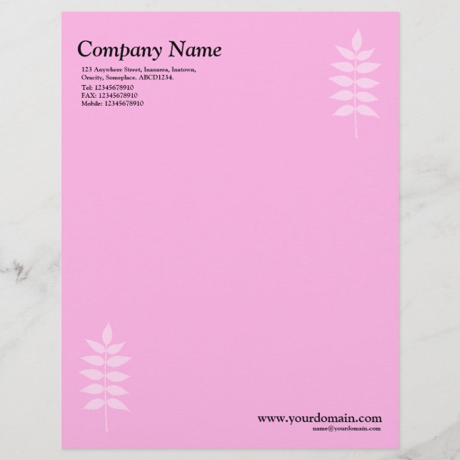 Elegant Leaves - Pink Custom Letterhead (Front)