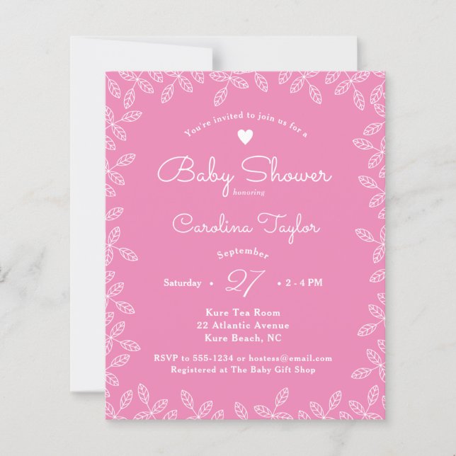 Elegant Leaves Pink Floral Baby Shower Invitation (Front)