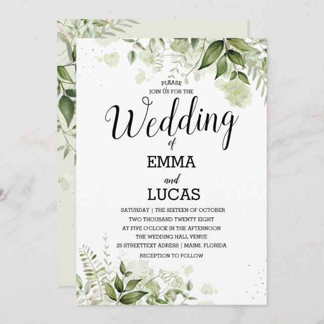 Elegant Leaves With Splash Watercolor Wedding Invitation (Front/Back)