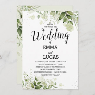 Elegant Leaves With Splash Watercolor Wedding Invitation