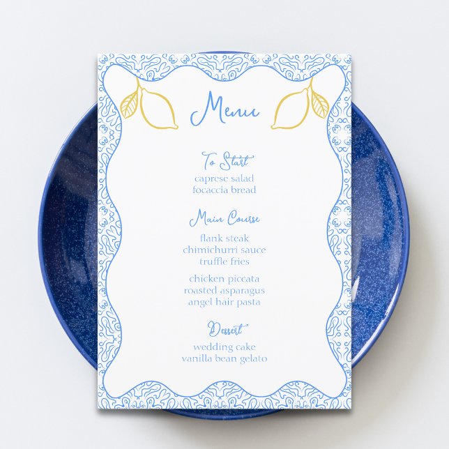 Elegant Lemon and Blue Tiles Mediterranean Wedding Menu (Creator Uploaded)