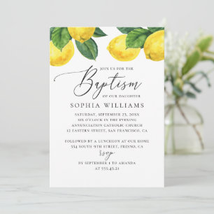 Elegant Lemon Baptism   Rustic Botanical Citrus Invitation