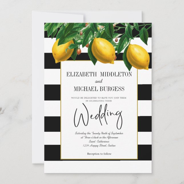 Elegant Lemon Black White Botanical Wedding Invitation (Front)