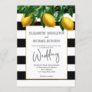 Elegant Lemon Black White Botanical Wedding Invitation