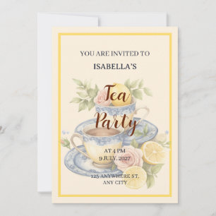 Elegant Lemon & Blue Tea Party Birthday Invitation