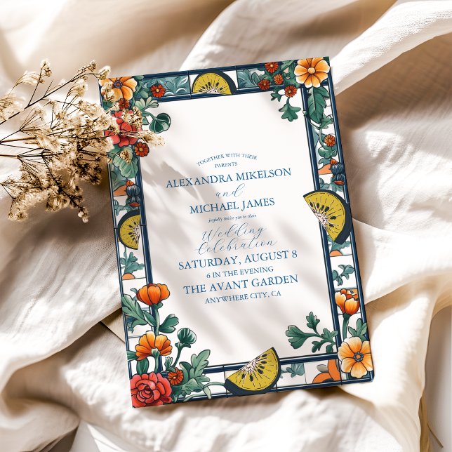 Elegant Lemon Botanical Blue Mediterranean wedding Invitation (Creator Uploaded)