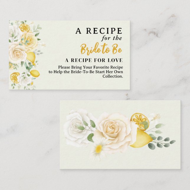 Elegant Lemon Citrus Floral Recipe Bridal Shower  Enclosure Card (Front/Back)