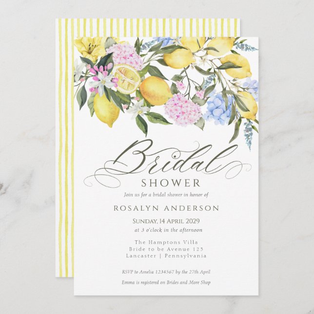 Elegant Lemon Floral Citrus Bridal Shower Invitation (Front/Back)