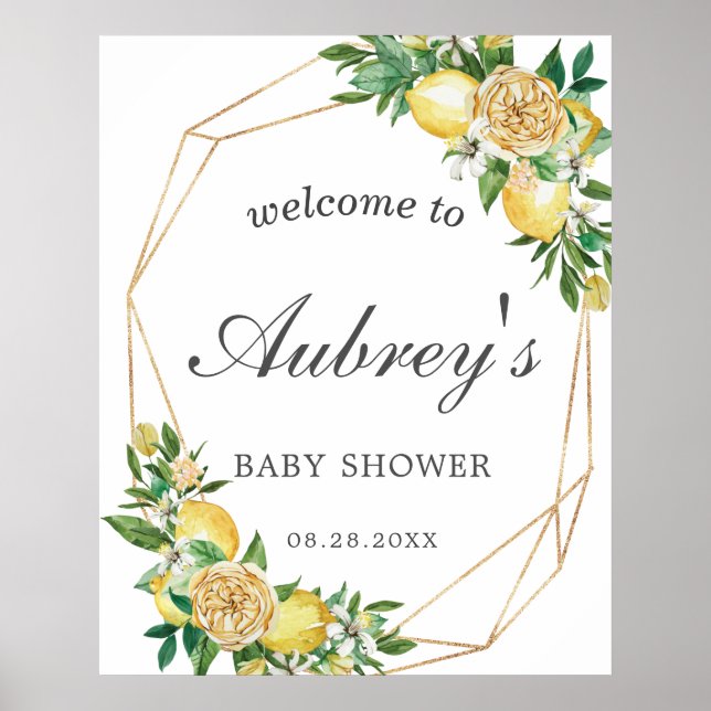 Elegant Lemon Floral Geometric Baby Shower Welcome Poster (Front)