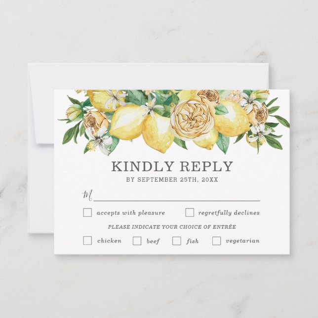 Elegant Lemon Floral Wedding Meal Choice RSVP Card (Front)