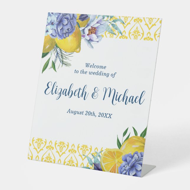 Elegant Lemon Floral Wedding Welcome Pedestal Sign (Front)