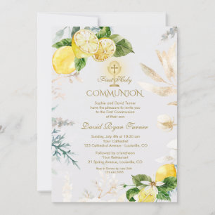 Elegant Lemon Fruit Gold Gold First Holy Communion Invitation