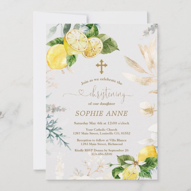 Elegant Lemon Fruits Gold Floral Girl Christening Invitation (Front)