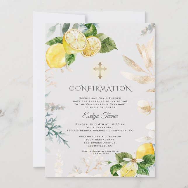Elegant Lemon Fruits Gold Floral Girl Confirmation Invitation (Front)