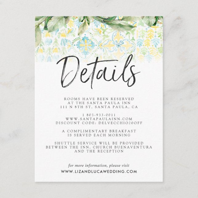 Elegant Lemon Grove Boho Wedding Guest Details Enclosure Card (Front)