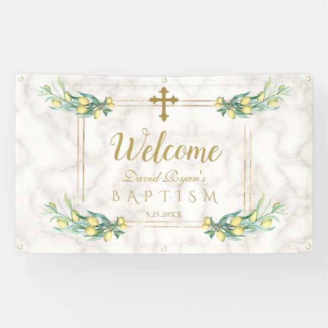 Elegant Lemon Marble Boy Baptism Welcome Sign (Horizontal)