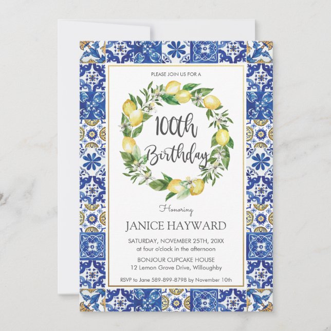 Elegant Lemon Mediterranean 100th Birthday Party Invitation (Front)