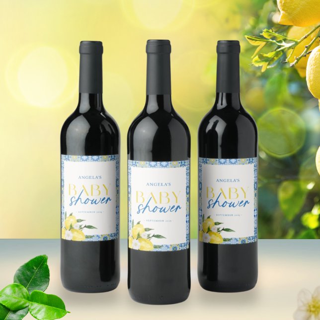 Elegant Lemon Mediterranean Baby Shower Wine Label (Creator Uploaded)