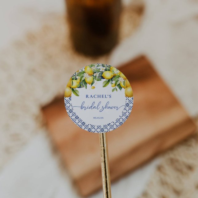 Elegant Lemon Mediterranean Bridal Shower Classic Round Sticker (Creator Uploaded)