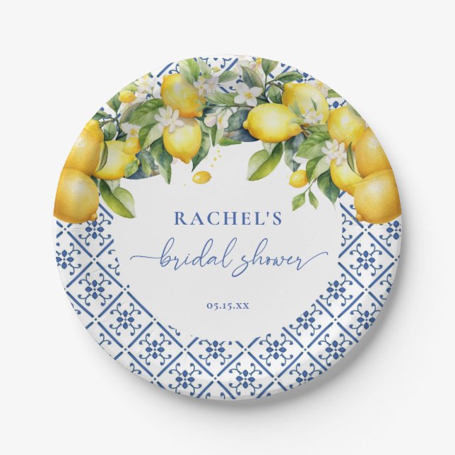 Elegant Lemon Mediterranean Bridal Shower Paper Plate (Front)