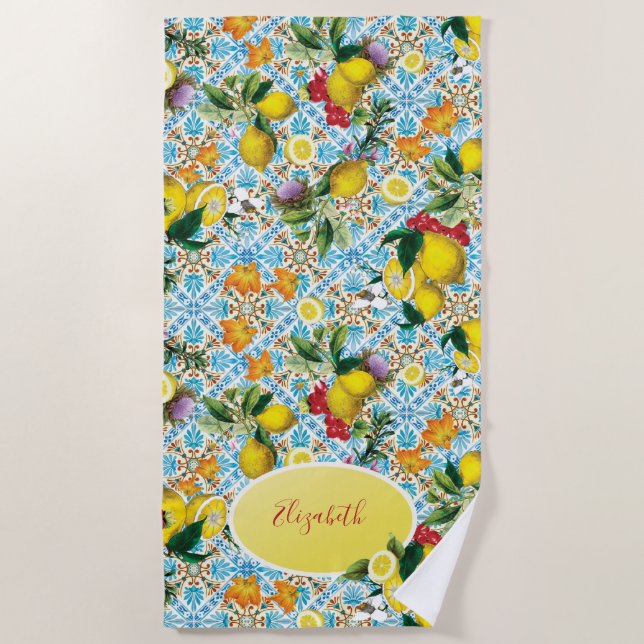 Elegant Lemon Monogrammed Beach Towel (Front)