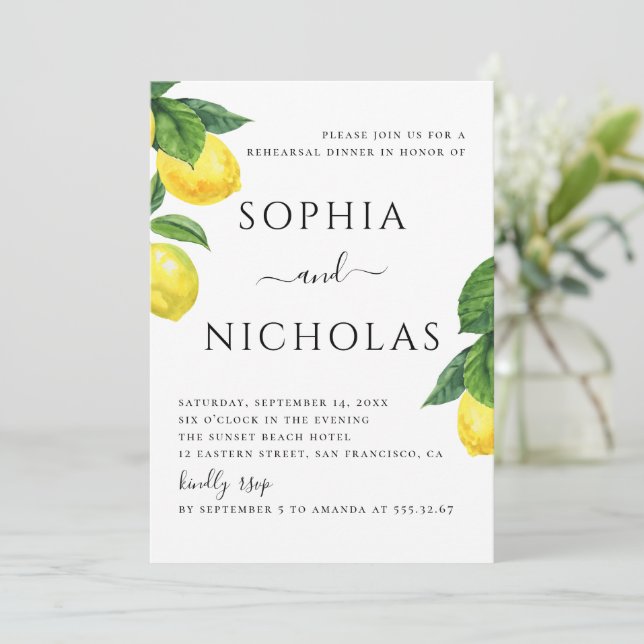 Elegant Lemon Rehearsal Dinner | Citrus Wedding Invitation (Standing Front)