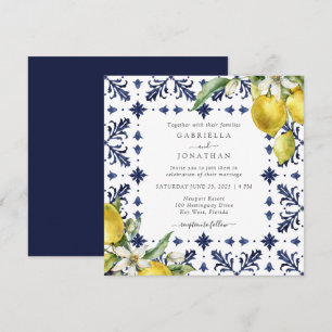 Elegant Lemon Watercolor Blue Tile Wedding  Invitation
