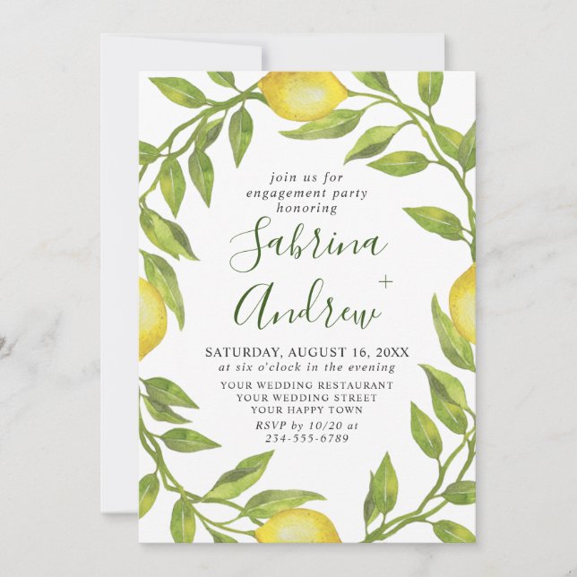 Elegant Lemon Watercolor Greenery ENGAGEMENT PARTY Invitation (Front)