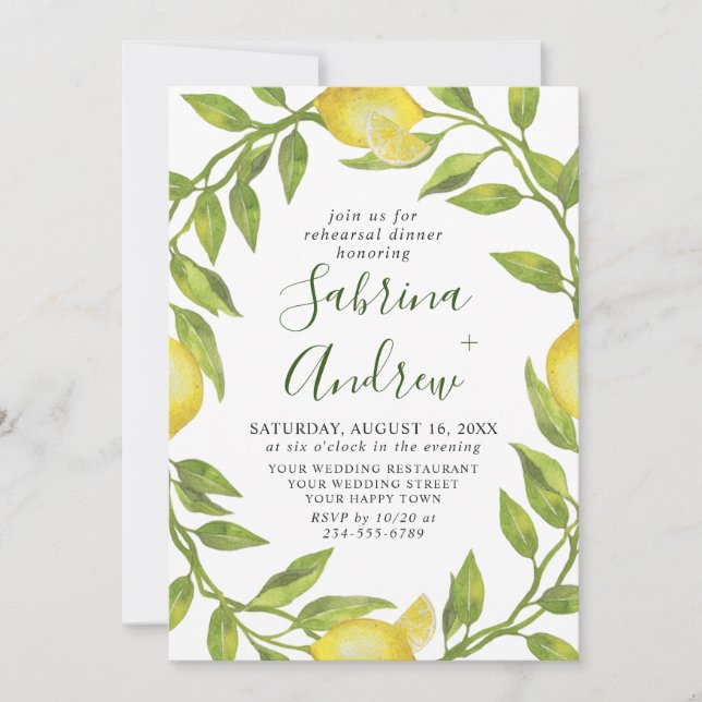 Elegant Lemon Watercolor Greenery REHEARSAL DINNER Invitation (Front)