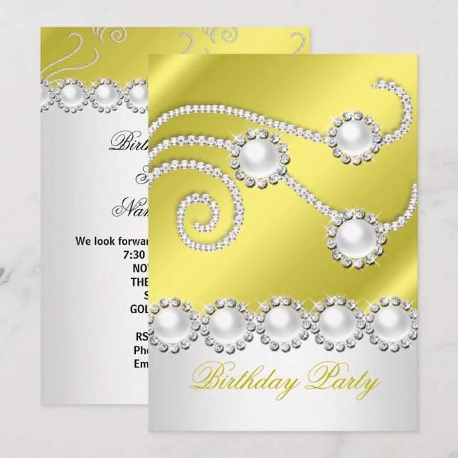 Elegant Lemon White Jewel Diamonds Birthday Party Invitation (Front/Back)