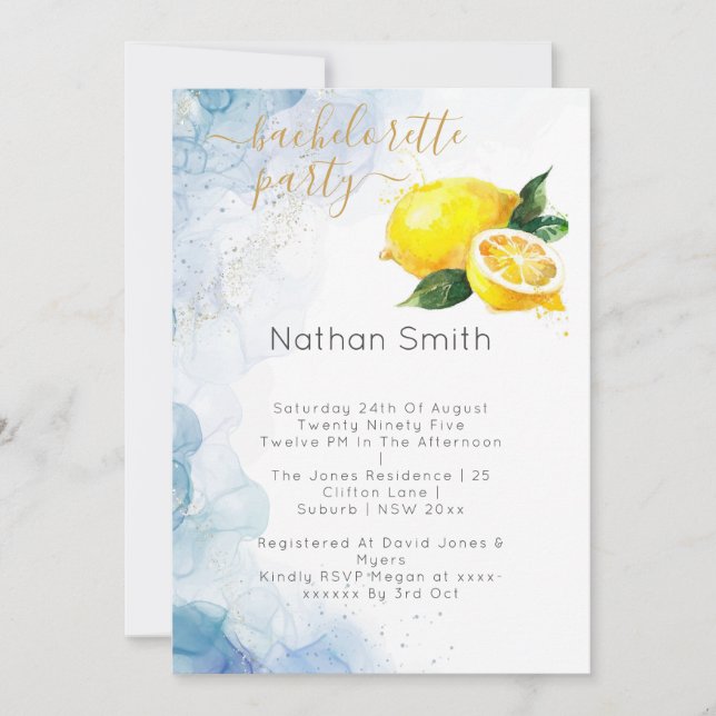 Elegant Lemon Yellow & Blue Watercolor Wedding  Invitation (Front)