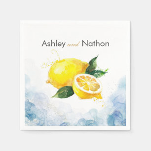 Elegant Lemon Yellow & Blue Watercolor Wedding Napkin